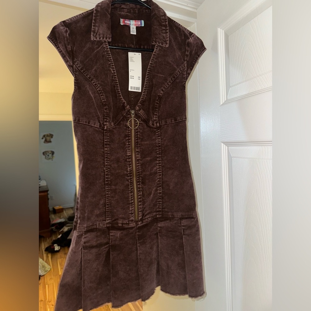 Corduroy Dress with Pleated Skirt Brown